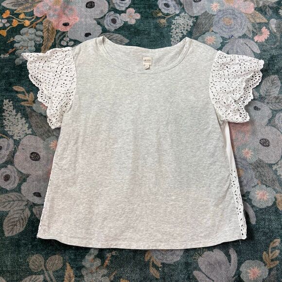 Rebecca Taylor La Vie Top Womens Large Grey Heather White Eyelet Sleeve Crewneck - Picture 7 of 10